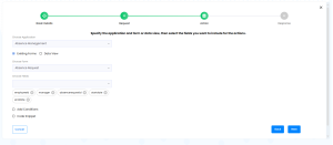 Specify the application and form or data view, then select the fields you want to include for the actions page