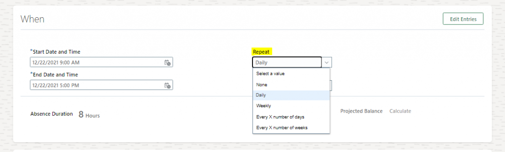 Systematize reiterating time off with the help of Oracle HCM Cloud
 - Navigation: Me >> Choose ‘add absence’ in quick action