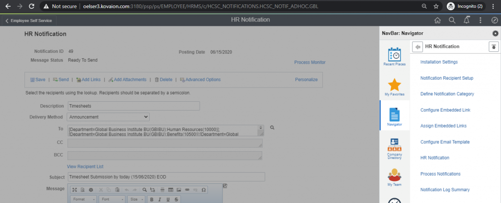 PeopleSoft Fluid Announcement Tile - Navigation: Set Up HCM > Common Definitions > HR Notification > Process Notifications