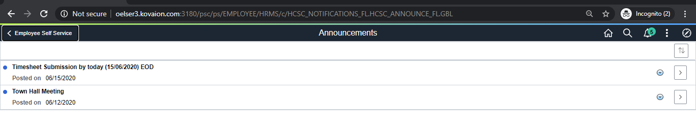 PeopleSoft Fluid Announcement Tile - Viewing the Announcement message on Announcement Tile