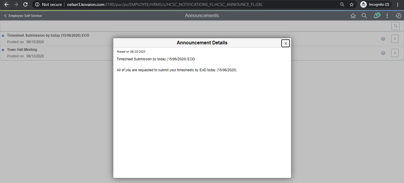 PeopleSoft Fluid Announcement Tile - Viewing the Announcement message on Announcement Tile