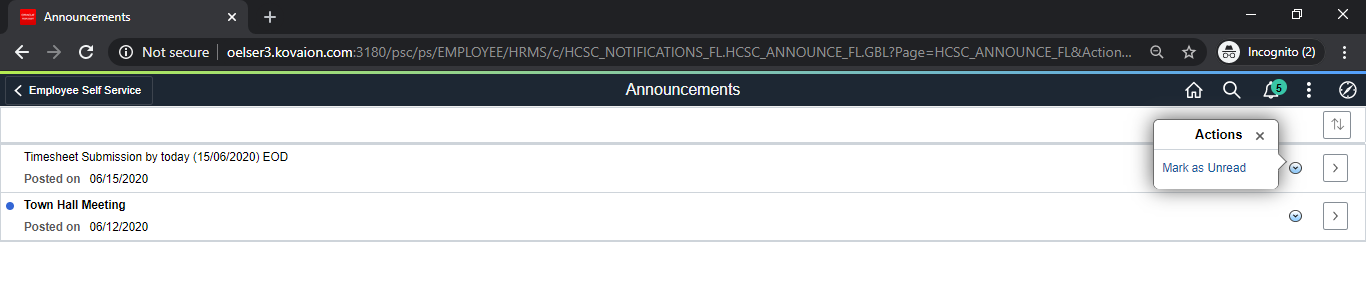 PeopleSoft Fluid Announcement Tile - Viewing the Announcement message on Announcement Tile