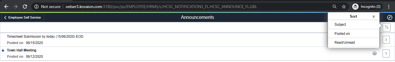 PeopleSoft Fluid Announcement Tile - Viewing the Announcement message on Announcement Tile