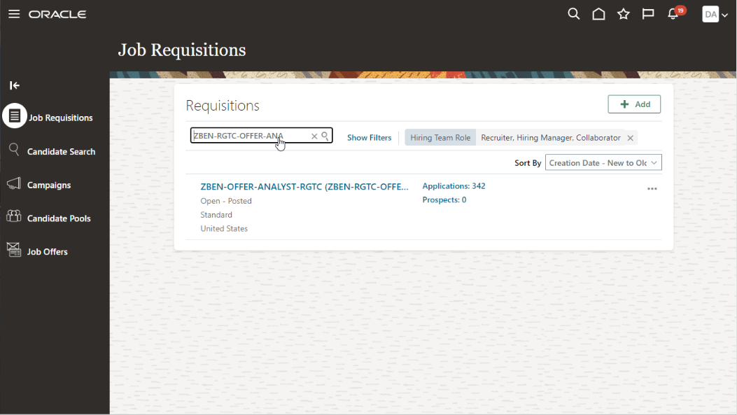 Creating Job Requisition in Few Clicks-Oracle 22A update
- In the Job Requisition page, search the job requisition and click Applications 