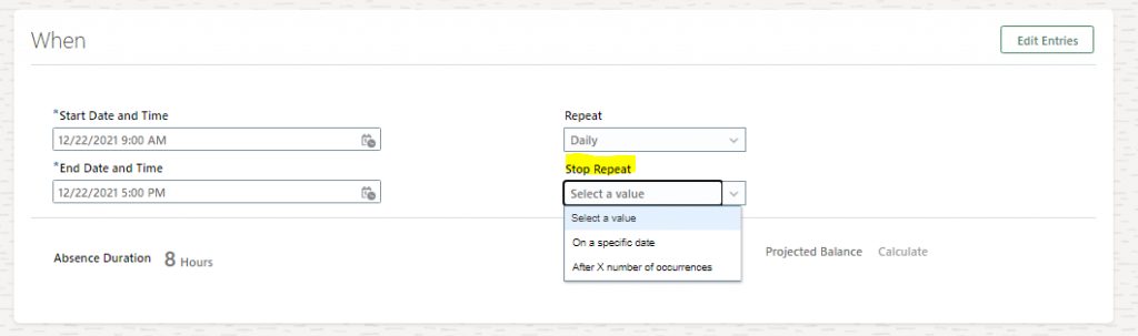 Systematize reiterating time off with the help of Oracle HCM Cloud
- enabled only after the employee select the absence start date 
