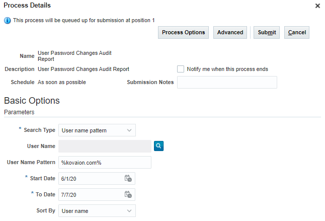 Audit password changes using Oracle HCM Cloud scheduled process
 -Sample Parameters to run the report