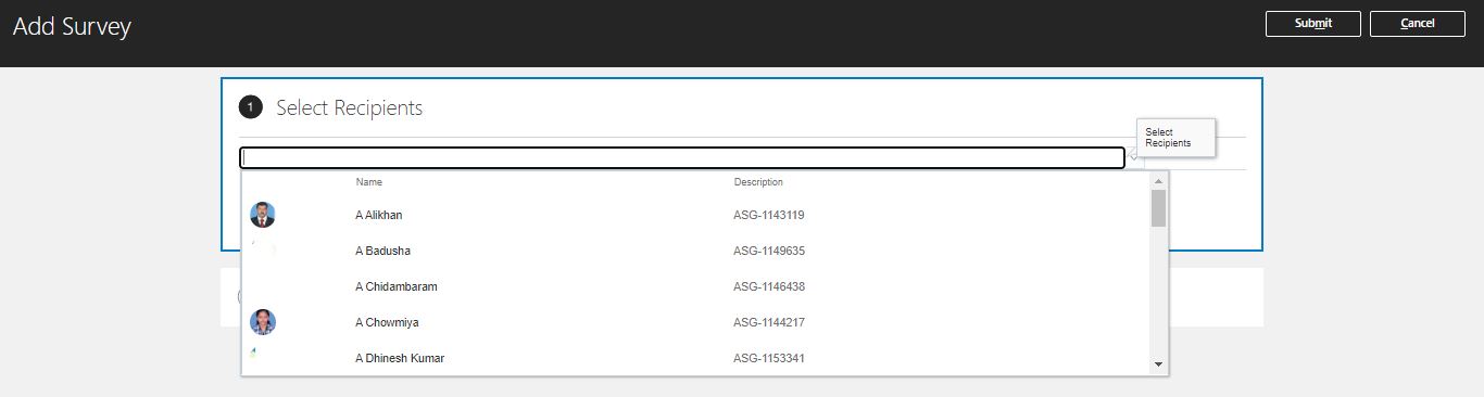 Oracle HCM Survey – To align People and Business strategy
Click on add and Select the people to whom the survey to be shared