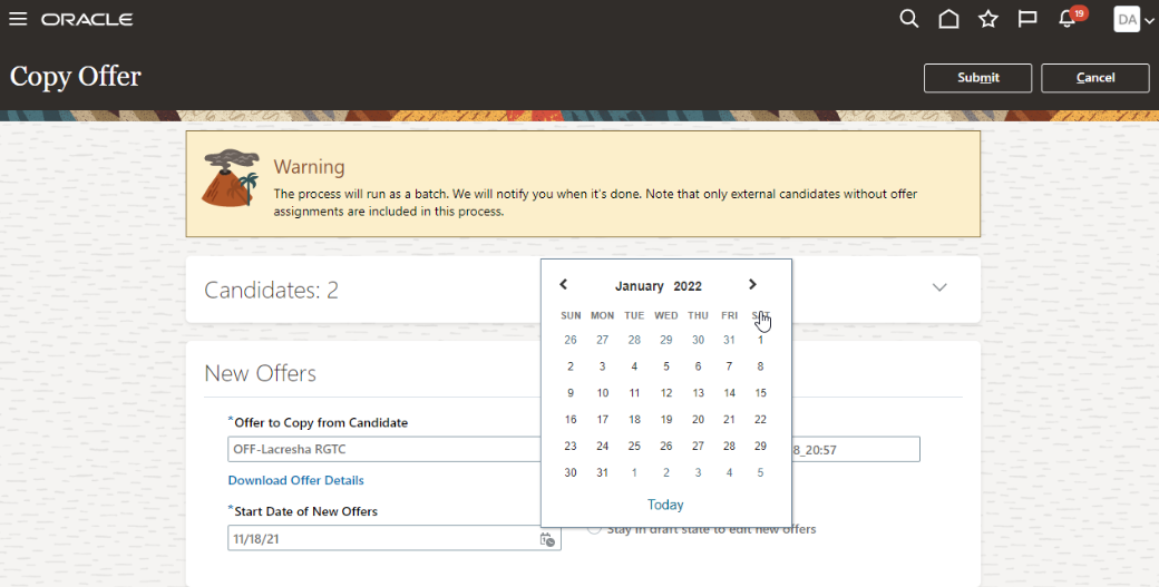 Creating Job Requisition in Few Clicks-Oracle 22A update
 - Select date of new offers