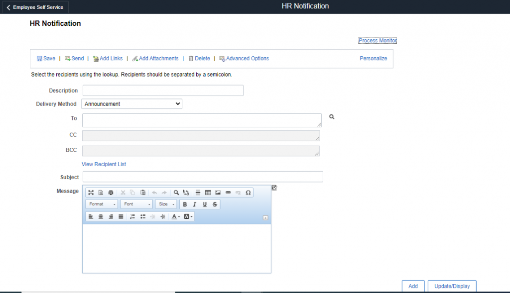PeopleSoft Fluid Announcement Tile - Add a New Value of Delivery Method – “Announcement”