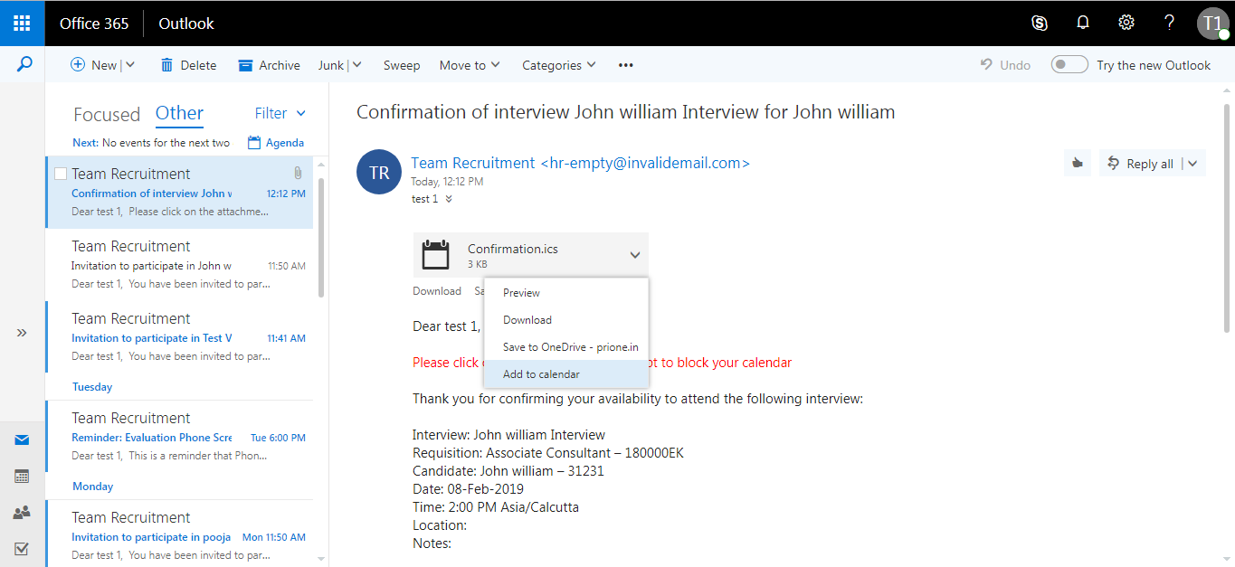 Accelerate your interview process with Evaluation Management & Microsoft Office 365 - Adding interview to the calendar