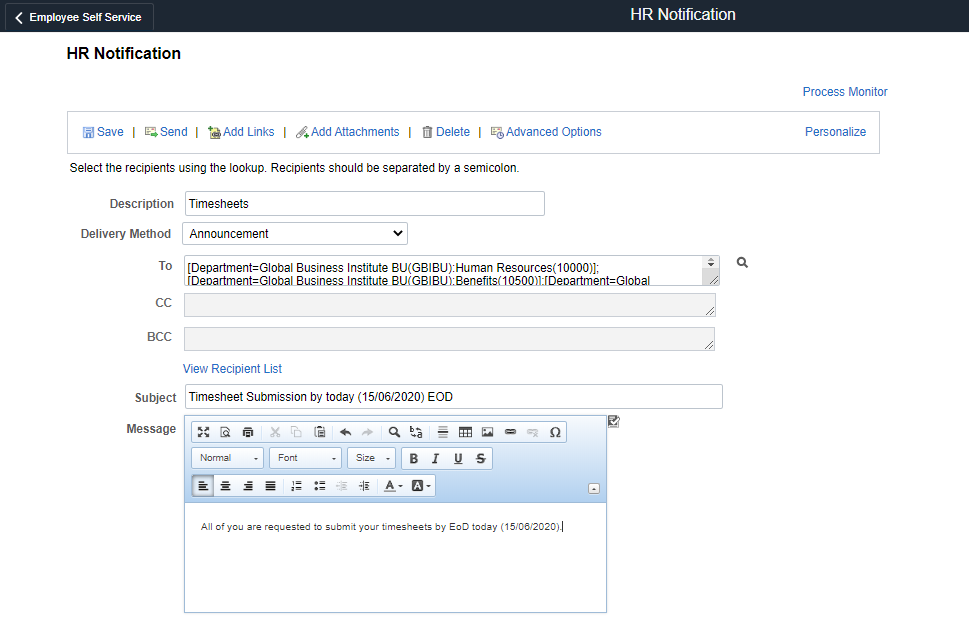 PeopleSoft Fluid Announcement Tile