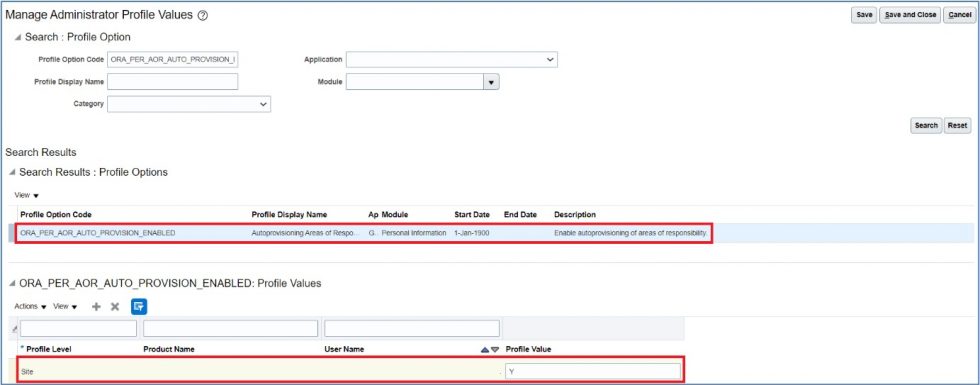 Auto provision Area of Responsibilities (AOR) in HCM Cloud
- Set Site value to Y