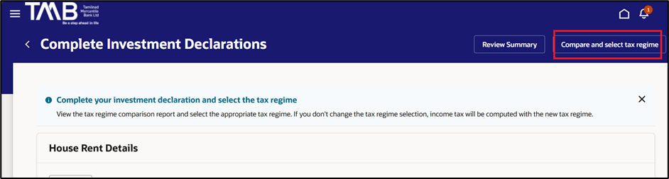 Streamlining Employee Tax Declarations: How Oracle Makes Investment Submission Effortless -After entering the investments, go to the Compare and Select Regime tab and choose your preferred tax regime.