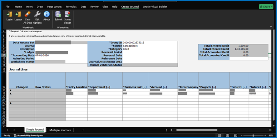 Create Journals Using Spreadsheet (ADFDI) in Oracle ERP Cloud and 25D Upgrade – General Ledger - Enter Journal Line Details