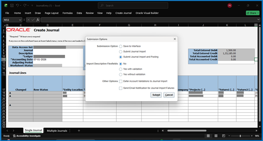 Create Journals Using Spreadsheet (ADFDI) in Oracle ERP Cloud and 25D Upgrade – General Ledger - Create Journal ribbon, click Submit