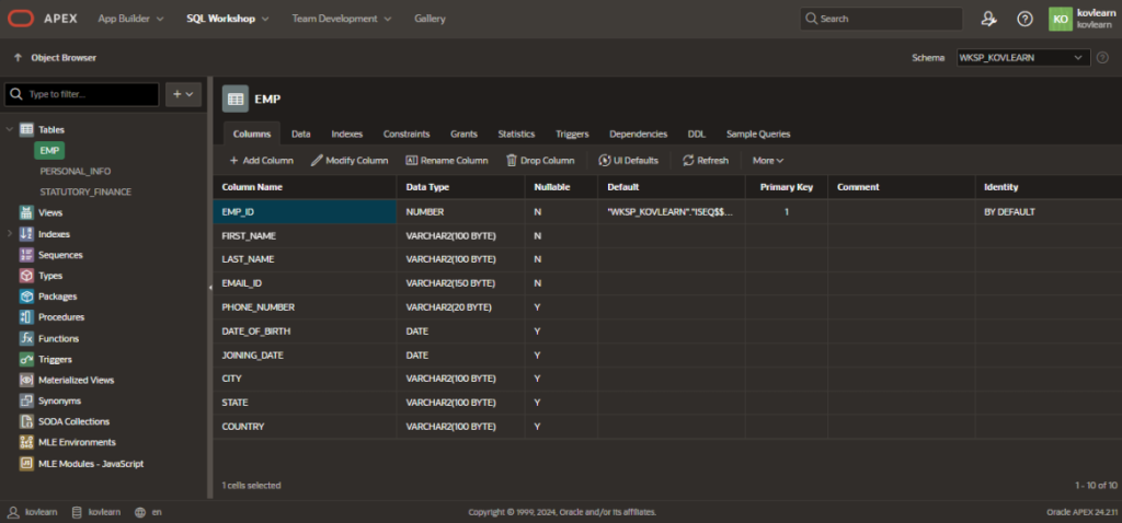 Design and Implementation of a Personal Information Form in Oracle APEX with Address Auto-Synchronization - navigate to SQL Workspace -> Object 