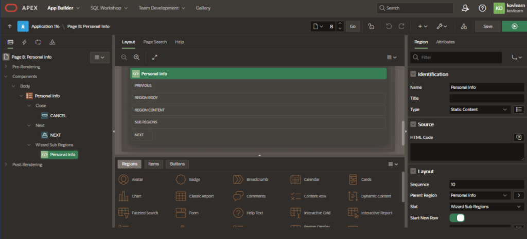 Personal info. Click on Create Sub Region to create the form.