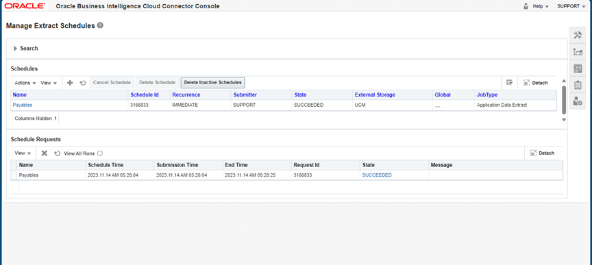 Business Intelligence Cloud Connector - Manage Extract Schedules page