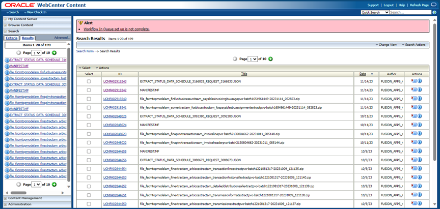 Business Intelligence Cloud Connector - Data extraction page in UCM server