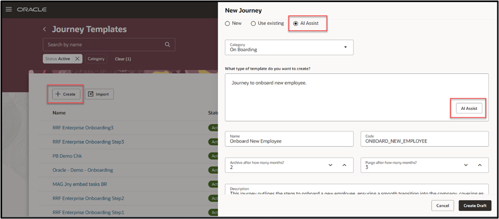 Create Journeys and Tasks Using Generative AI - AI Assist Option When You Create a Journey Template