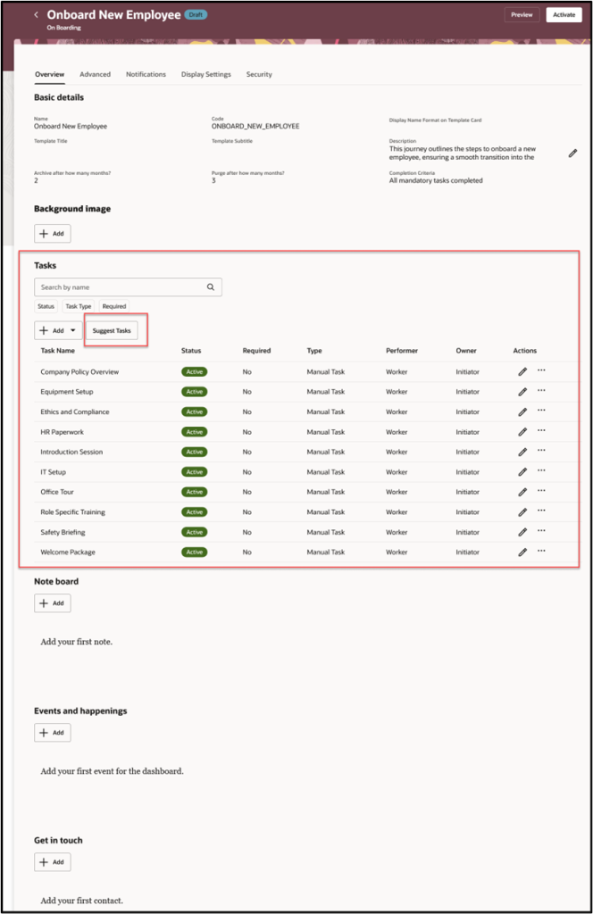Create Journeys and Tasks Using Generative AI - List of Selected Tasks and Option to Suggest Tasks for Existing Journey