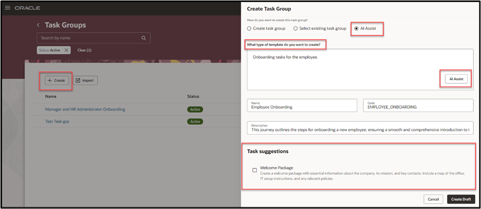 Create Journeys and Tasks Using Generative AI - AI Assist Option When You Create a Task Group