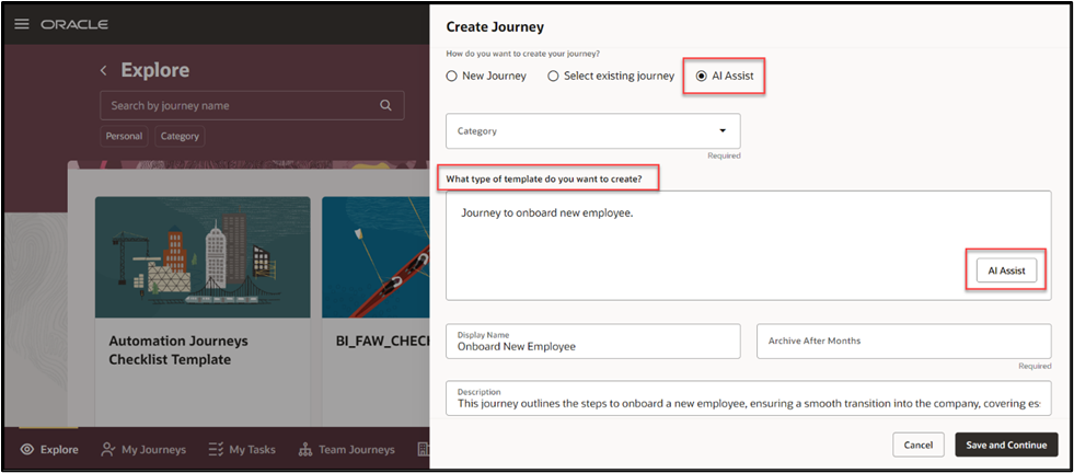 Create Journeys and Tasks Using Generative AI - AI Assist Option When You Create a Journey from the Explore Tab