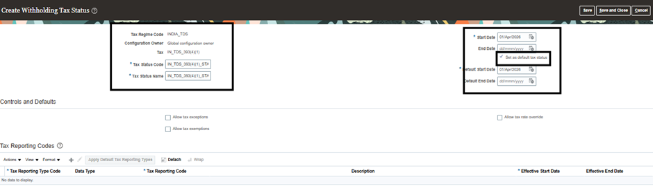 Applying Old TDS Prepayments to New TDS Invoices in Oracle ERP Financials. - Creating Tax Statuses