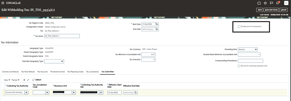 Applying Old TDS Prepayments to New TDS Invoices in Oracle ERP Financials. - Enter Collecting Tax Authority,