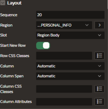 Design and Implementation of a Personal Information Form in Oracle APEX with Address Auto-Synchronization - o have a dynamic grid view, on the right-side panel disable the Start New Row: