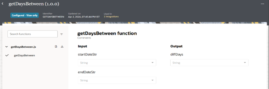 Libraries in Oracle Integration Cloud (OIC) - JS file import success fully, select input and output data type
