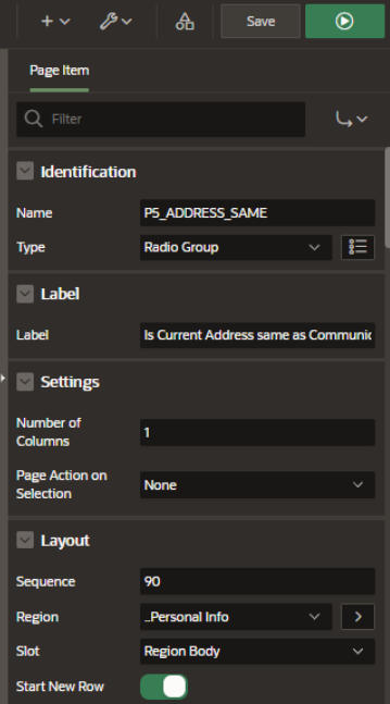 Design and Implementation of a Personal Information Form in Oracle APEX with Address Auto-Synchronization - Fill in the Name, Type, and Label.