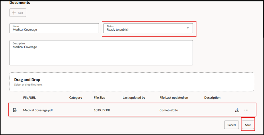 AI Powered Policy Advisor -: Drag and drop the attachment, change the status to “Ready to publish,”