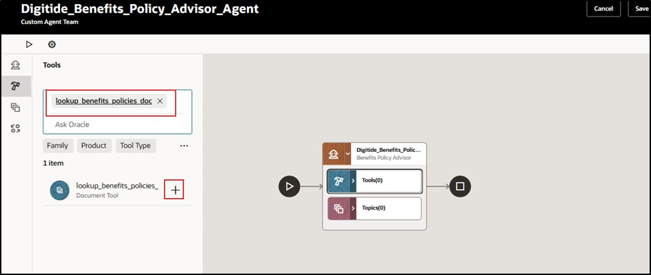 AI Powered Policy Advisor - Search for the document tool that was created earlier and click on +