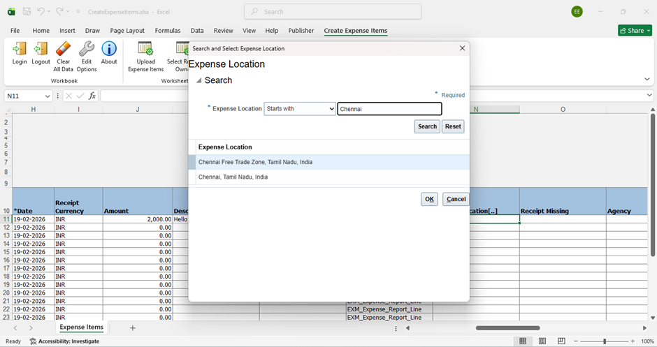 Creating Expenses with Excel Made Easy - Select a Location