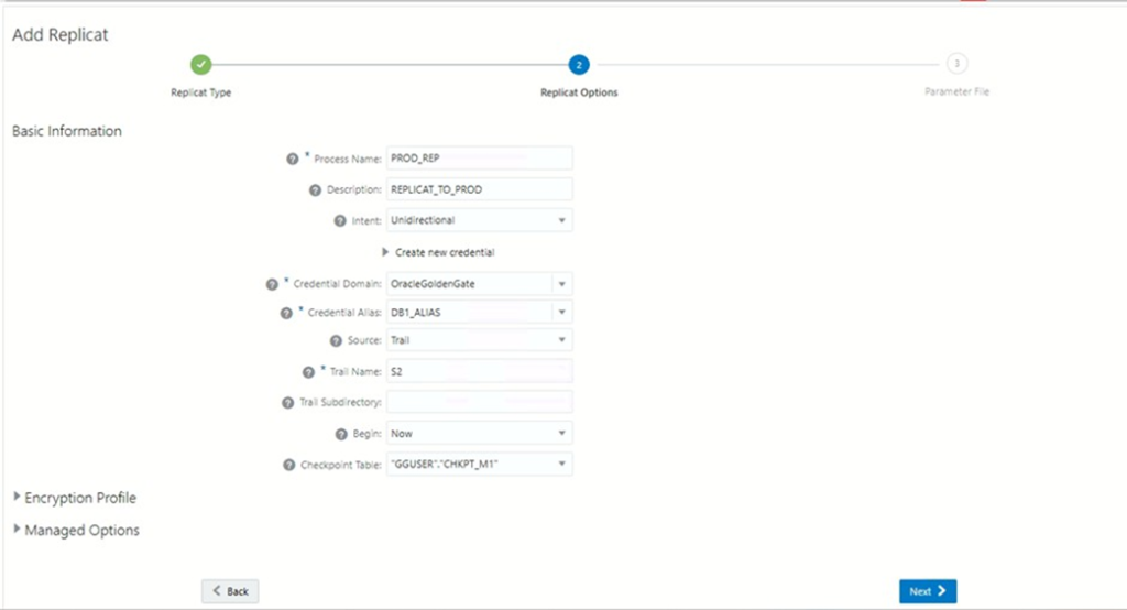 Set Up Bidirectional Replication for Oracle GoldenGate Microservices Architecture - ADDING REPLICAT PROD_REP FOR MACHINE 1: