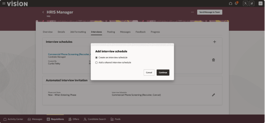 Redwood Experience: Create Interview Schedule - My Client Groups → Hiring → Requisitions → Select Application → Interview Tab → Schedule
