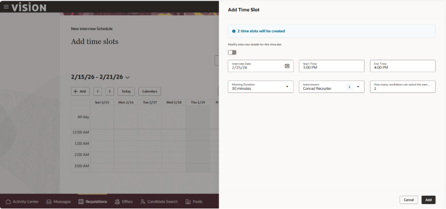 Redwood Experience: Create Interview Schedule - Add Time Slots Section When Creating an Interview Schedule