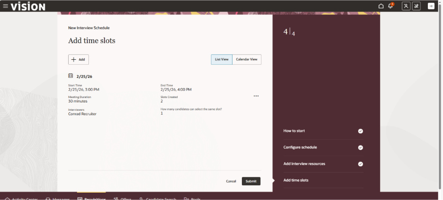 Redwood Experience: Create Interview Schedule - Add Time Slots Section When Creating an Interview Schedule