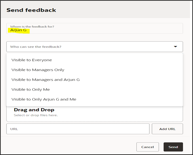 Oracle Touchpoints Overview: Strengthening Manager-Employee Engagement in Oracle HCM - Feedback. In this feedback page, the manager can customize who can see the feedback.