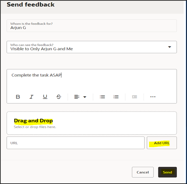 Oracle Touchpoints Overview: Strengthening Manager-Employee Engagement in Oracle HCM - By using the drag and drop option, the manager can share the files, images, and URL with the employee
