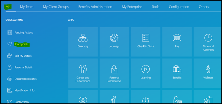 Oracle Touchpoints Overview: Strengthening Manager-Employee Engagement in Oracle HCM - Me>> Quick Actions >> Touchpoints