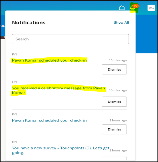 Oracle Touchpoints Overview: Strengthening Manager-Employee Engagement in Oracle HCM -In the notifications icon manager, scheduled check-in and celebratory message are shown from