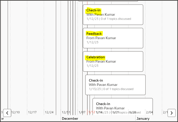 Oracle Touchpoints Overview: Strengthening Manager-Employee Engagement in Oracle HCM - In events and interactions, the feedback, celebration card, and schedule check-in which send by manager are visible.