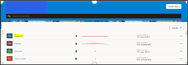 Oracle Touchpoints Overview: Strengthening Manager-Employee Engagement in Oracle HCM. - This is the summary page of Manager View. It shows the employee's average interaction with the manager. Upcoming Check-ins of employees and pulse score of employees.