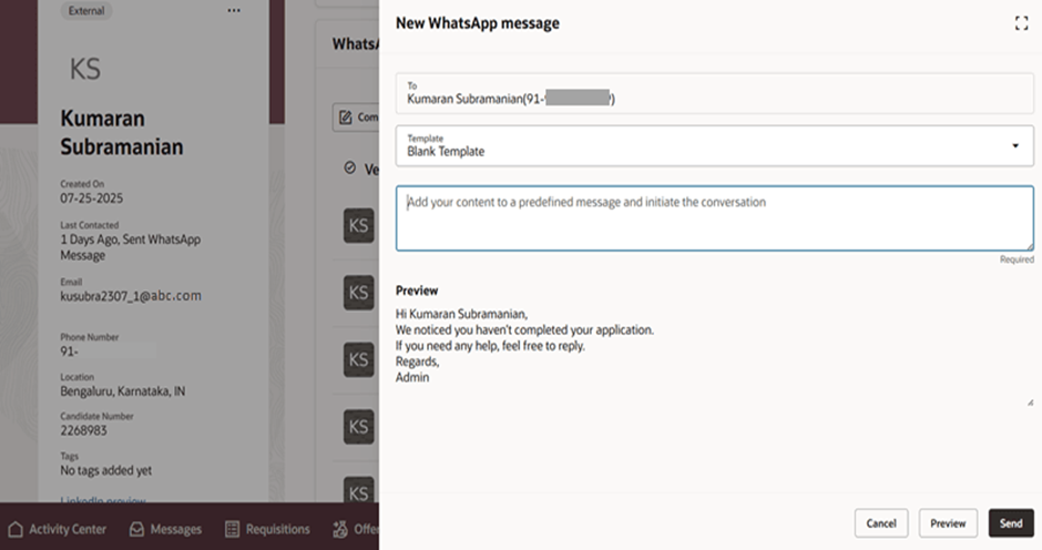 WhatsApp as a Communication Channel in ORC - Send Personalised WhatsApp Messages to Candidates Using Oracle Recruiting Cloud