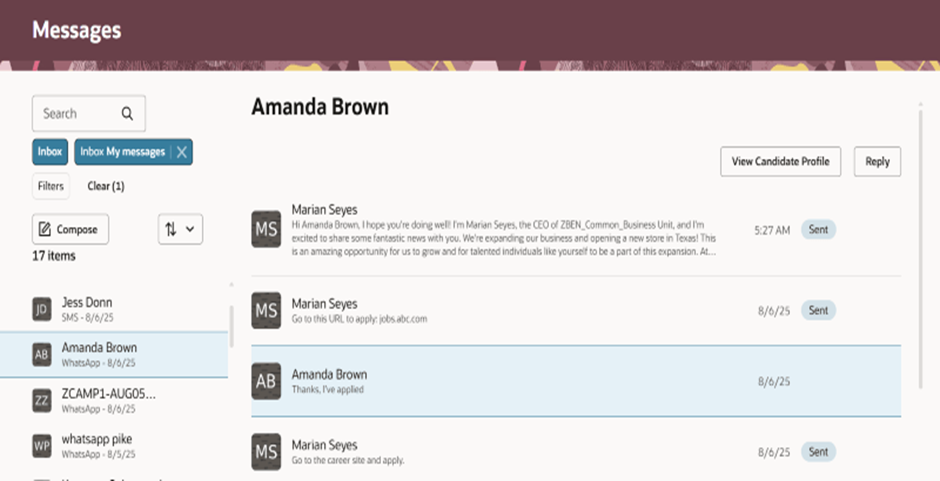 WhatsApp as a Communication Channel in ORC - .View and Manage Candidate WhatsApp Conversations in Oracle Recruiting Cloud