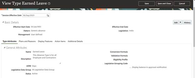Time And Labor And Absence Management Integration in Oracle HCM cloud - Absence type configuration page
