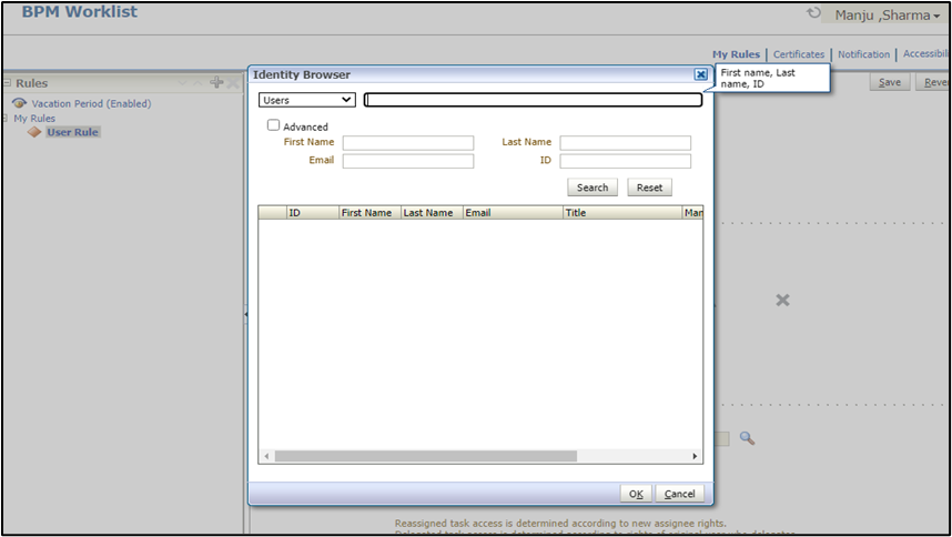 Absence Management Vacation Rules in Oracle HCM Cloud - Search for the required user for Reassigning and delegating