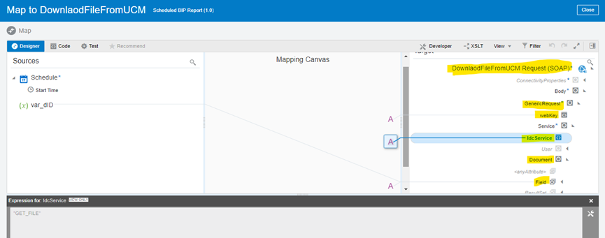 Schedule BIP Report And Place Data Onto Content Server from OIC - GenericSOAPService For Download data Mapper